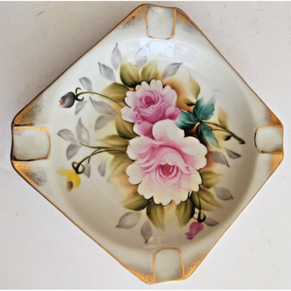 Vintage Japanese Hand Painted Porcelain Ashtray/Candy Dish "Wild Rose" 6 5/8"